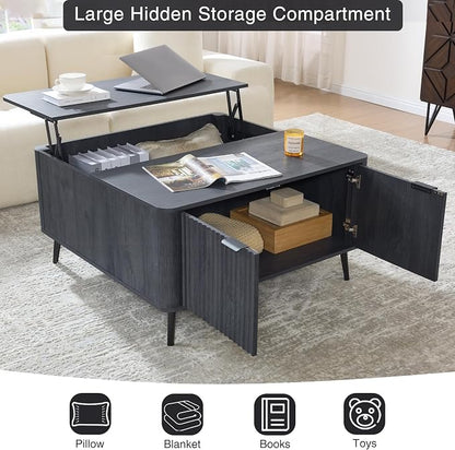 Fatmok Large Lift Top Coffee Table with Hidden Compartment, 35.4" Wide Oversized Square Coffee Table with Storage, Mid Century Modern Fluted Center Table for Home Living Room, Black Grey