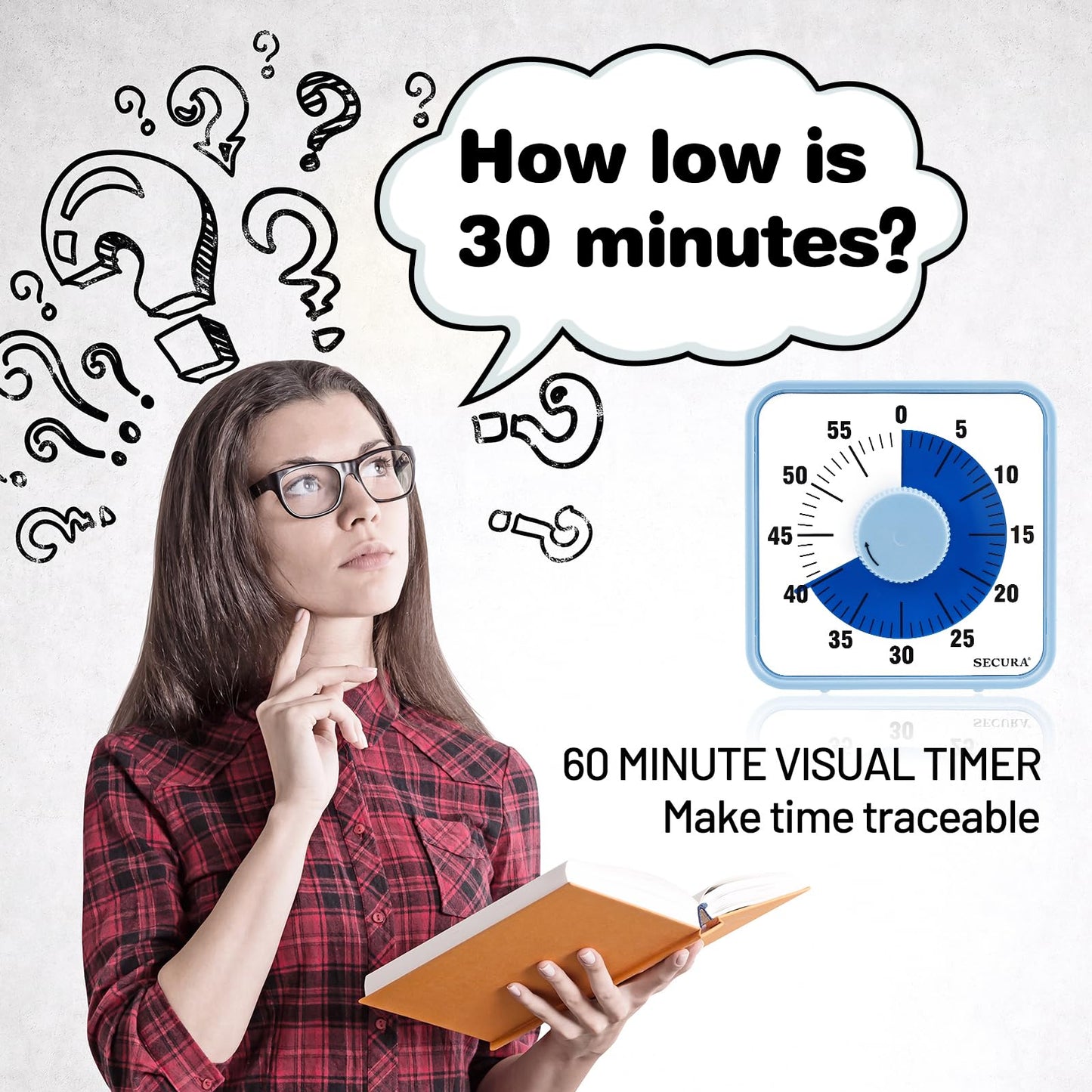 Secura 60-Minute Visual Countdown Timer, 7.5-Inch Oversize Classroom Visual Timer for Kids and Adults, Durable Mechanical Kitchen Timer Clock with Magnetic Backing (Navy Blue)