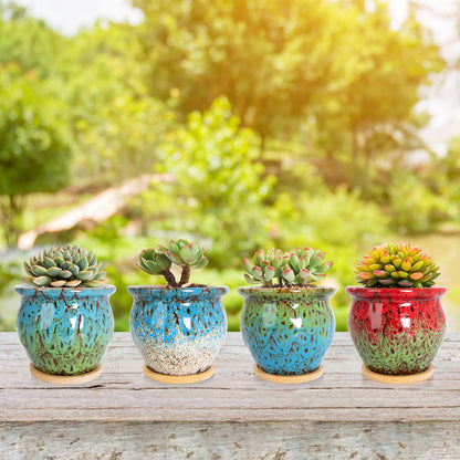 ARTKETTY Succulent Pots - 4 Pack Small Plant Pots with Drainage Tray, Large Ceramic Bonsai Pots Shallow Planters for Indoor Plants Colorful Cactus Flower Planter, Gifts for Women
