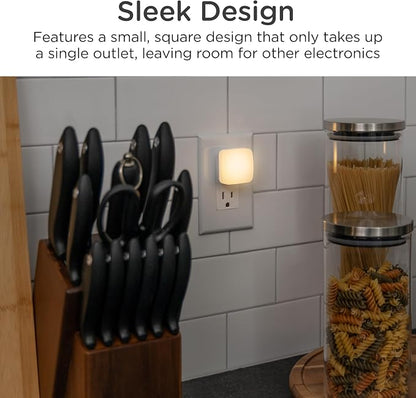 Lights by Night Mini Square LED Night Light, Plug in, Dusk to Dawn Sensor, Warm 3000K, Compact Single Outlet Design (Doesn’t Block 2nd Outlet), Ambient Lighting, Bedroom, Bathroom, 2 Pack, 82487