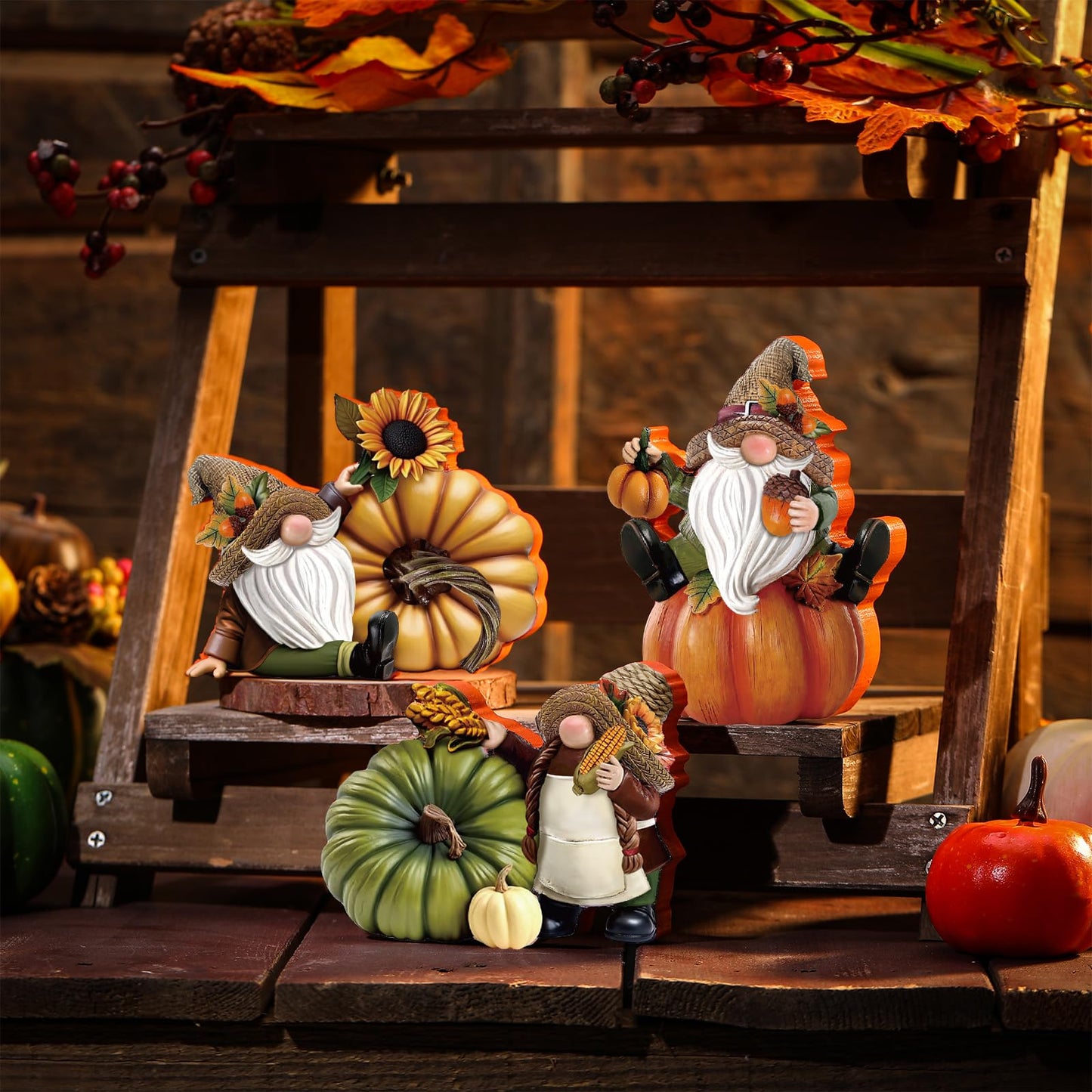 DoubleFill 3 Pcs Thanksgiving Gnome Figurines Fall Gnome Decor Fall Pumpkin Figurines Bulk Wooden Harvest Autumn Figurine Decorations for Thanksgiving Gifts Party Home Table Decor