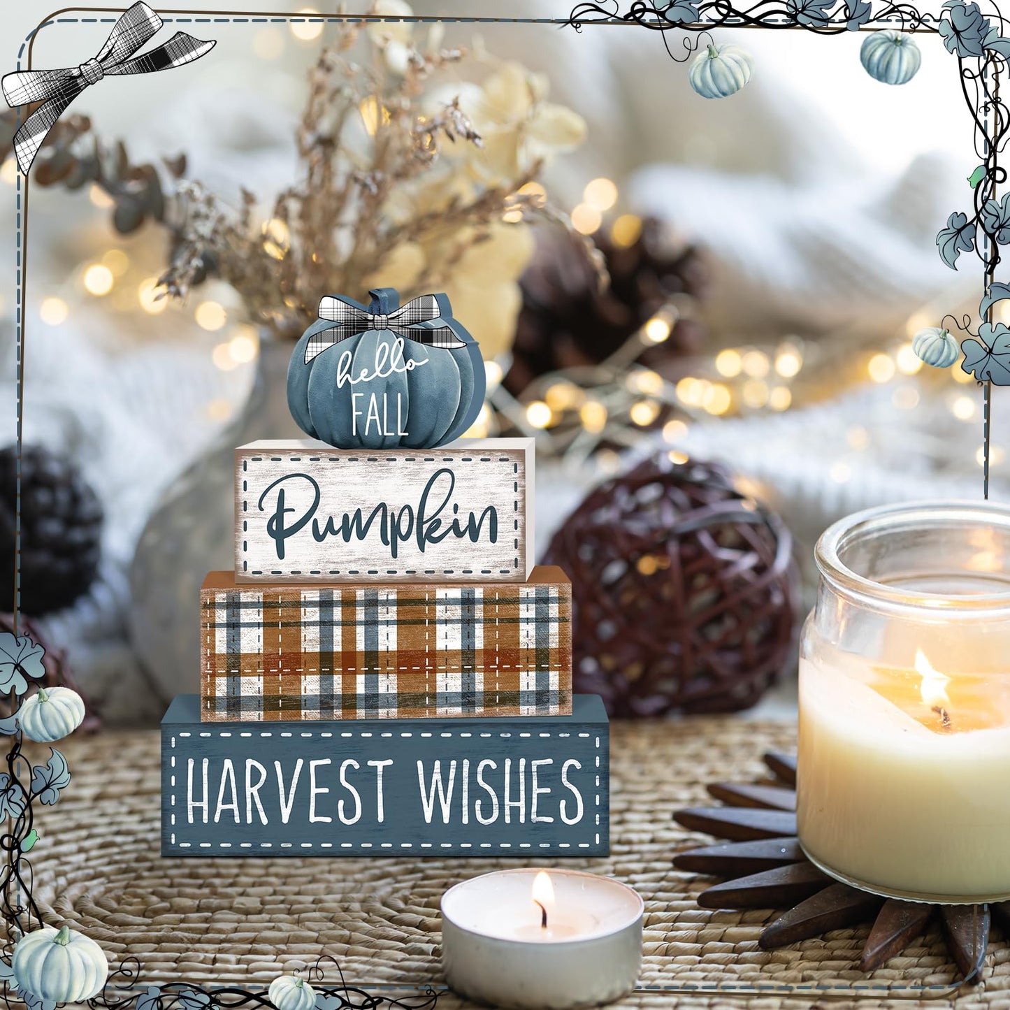 Britimes 4 Pcs Blue Pumpkins Fall Decor Wooden Tiered Tray Sign, Farmhouse Rustic Autumn Pumpkin Decorations Stack Block Set Harvest Wishes Table Centerpieces for Home Kitchen Shelf