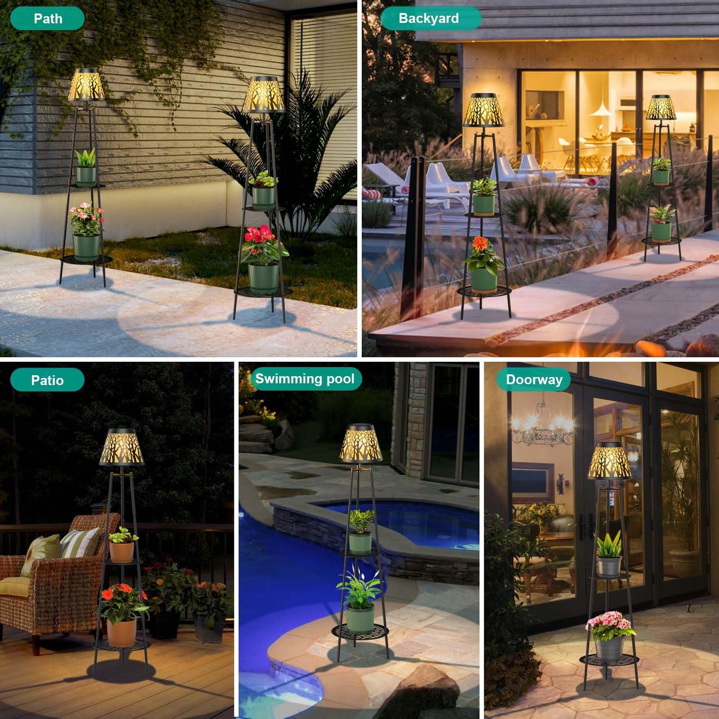 MXwcy 2-Tier Solar Plant Stand with Light, Outdoor Waterproof Floor Lamp with Tree Branch Cutout Lampshade, Tall Metal Planter Holder Display Rack for Patio, Porch, Garden, Balcony Decor (2 Pack)