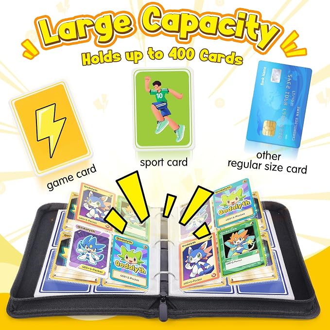 Card Binder – 4 Pocket Zipper Collection Album, Premium PU Holder, Double-Sided Display for 400 Cards, Includes 5 Hard Plastic Sleeves for Game Cards, Sports Cards(Fire)