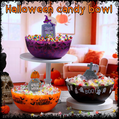 Tioncy 3 Set Large Halloween Candy Bowls with Tombstones Stands, Plastic Candy Dish Serving Bowls Treat Sweet Holders Party Decor Halloween Party Supplies