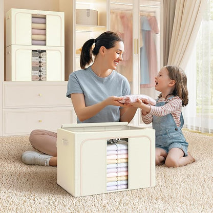 Clothes Storage Bins with Metal Frame, Foldable Clothes Organizers Storage Containers for Clothes, Sheets, Blankets, Pillows and Towels (100L, 3 Pack) Beige