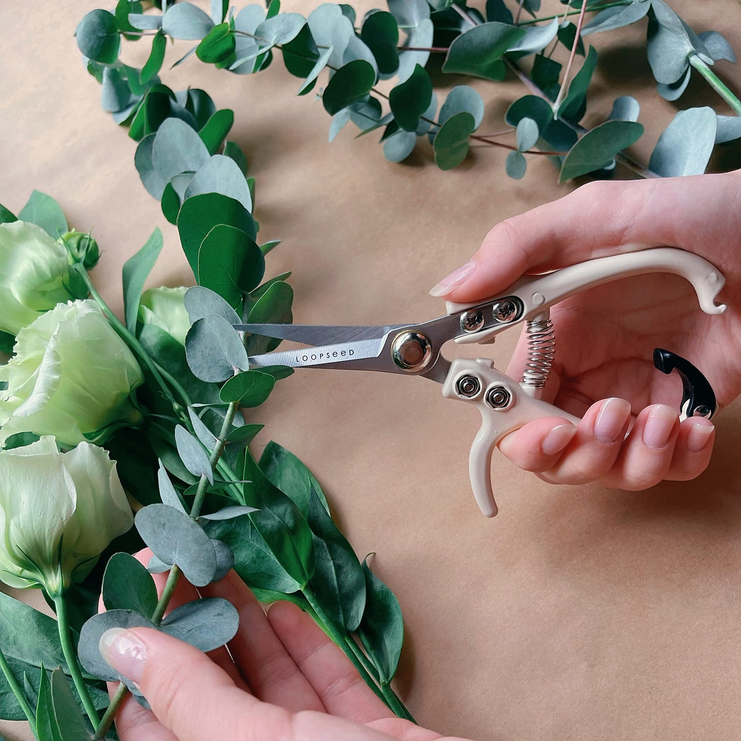 LOOPSEED Plant Pruning Shears with Vegan Leather Sheath Garden Trimming Scissors with Belt Holster Bonsai Trimmers Herb Snips Flower Clippers Modern Tools 2 Piece Bundle (Cream Pruner Beige Sheath)