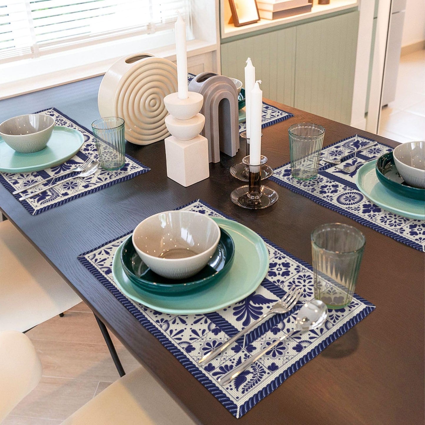 Talavera Tiles Fiesta Mexican Placemats Set of 4 Blue Beige Floral Bird Phoenix Table Mats Washable Boho Bohemian Heat Resistance Place Mat for Home Party Kitchen Dining Table Decoration 12x18 Inch