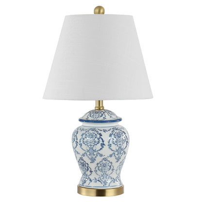 JONATHAN Y 22.25" Blue/White Chinoiserie Ceramic Urn Table Lamp, Traditional Classic Nightstand Lamp for Living Room Bedroom, White Linen Shade, LED Bulb Included JYL3085A
