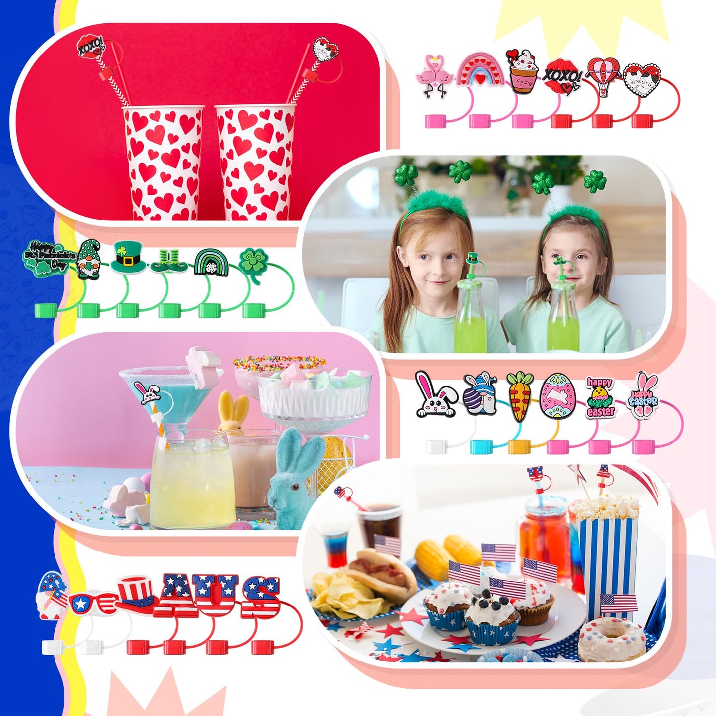 Ninehaoou 48 Pcs Holiday Straw Toppers Silicone Cute Straw Cover Cap Tumbler Reusable Drinking Cover Lid Topper Protector for Christmas Halloween Easter Independence Day St Patrick's Day