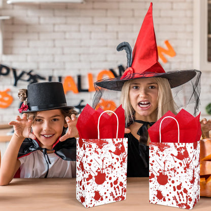 JarThenaAMCS 24 Pcs Halloween Paper Gift Bags with Handles and Tissue Paper Red Bloody Handprint Party Favor Bags for Gift Candy Goodie Snacks Trick or Treat Wrap Party Favors Supplies Decorations