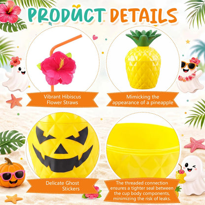 Yungyan 6 Sets Summer Halloween Pineapple Cups Drink Bottles with Ghost Facial Stickers & Straws for Summer Halloween Party Supplies Hawaiia Themed Hallows' Eve Ghost Tropical Favors Decorations