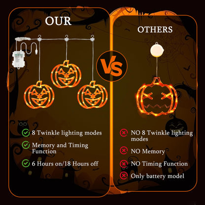woohaha Halloween Window Lights,48LED 3 Pumpkin Curtain String Lights USB/Battery Operated,Hanging Light for Indoor Outdoor Bedroom,Room,Wall,Party,Holiday Decorations(Orange)