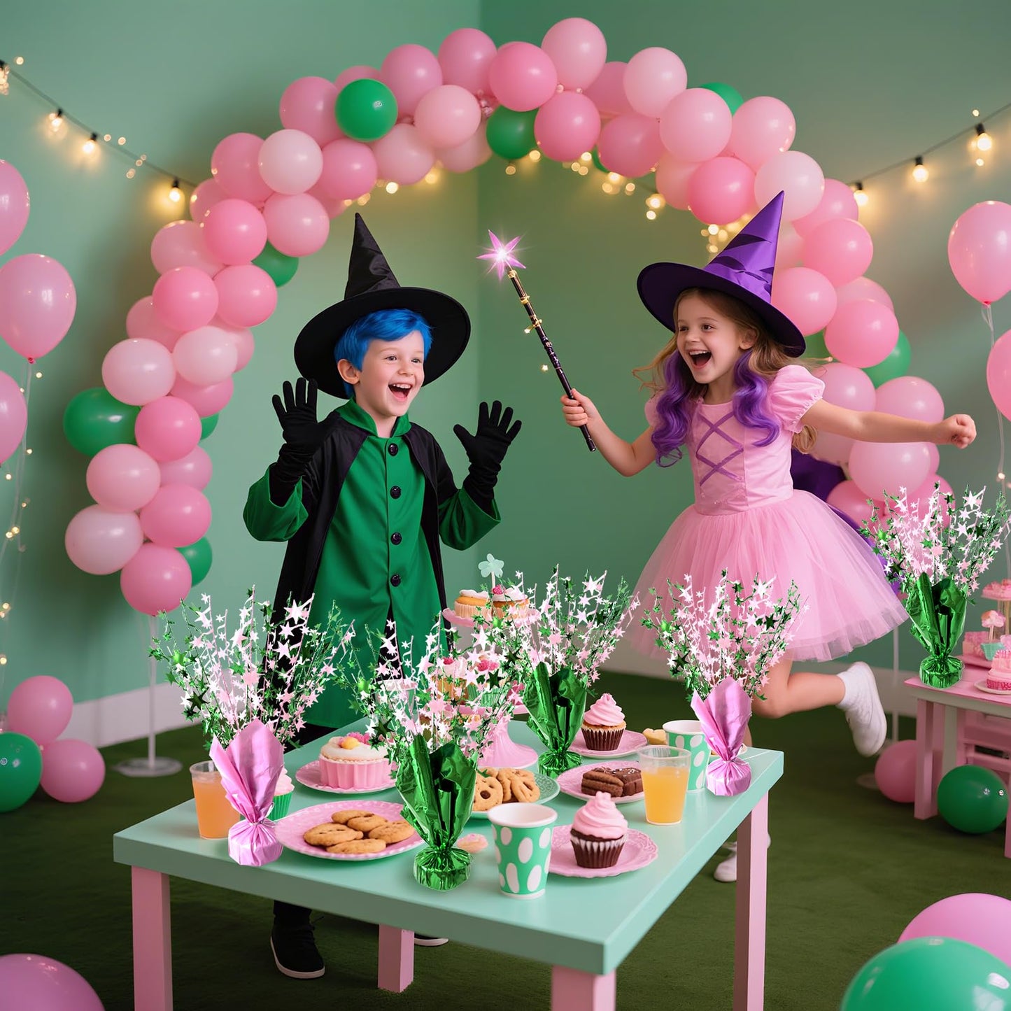 6 Pack Pink Green Witch Birthday Party Decoration Metallic Foil Spray Centerpiece Star Table Decoration Burst Table Centerpieces for Halloween Witch Princess Holiday Party Supplies Decor