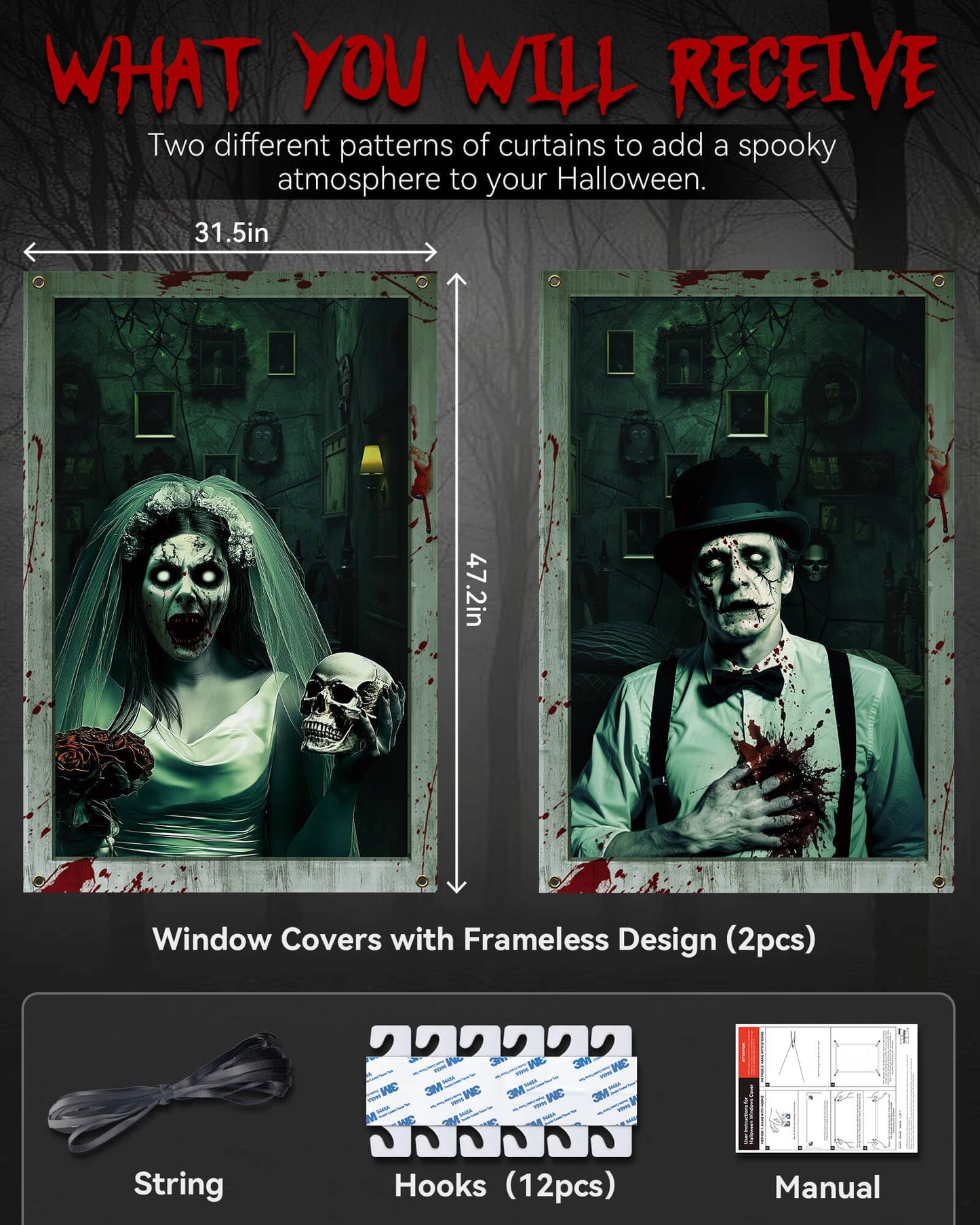 YUSPENYE 2 Pack of Halloween Newlyweds Ghost Window Door Cover, Halloween Decoration, Party Decors no Frame