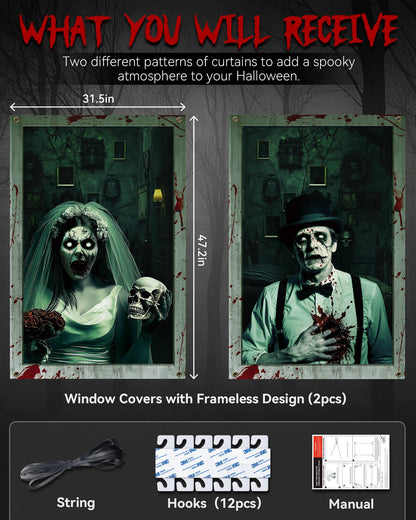 YUSPENYE 2 Pack of Halloween Newlyweds Ghost Window Door Cover, Halloween Decoration, Party Decors no Frame