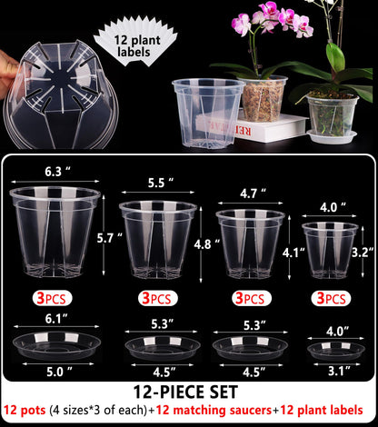 12-Pack Thick Clear Nursery Pots with Saucers (4/5/5.5/6.3 Inch) – Transparent Plastic Plant Pots with Drainage Holes & 12 Labels, Assorted Sizes for Seed Starting, Succulents, Indoor Outdoor Use