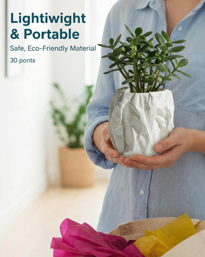 CODIAO Small White Pot Cover (No Drainage) - Unique 3D Printed Crumbled Paper Planter - Modern Artistic Cachepot for 3" Succulents - Cute Desk Decor & Creative Gift (Matte White)