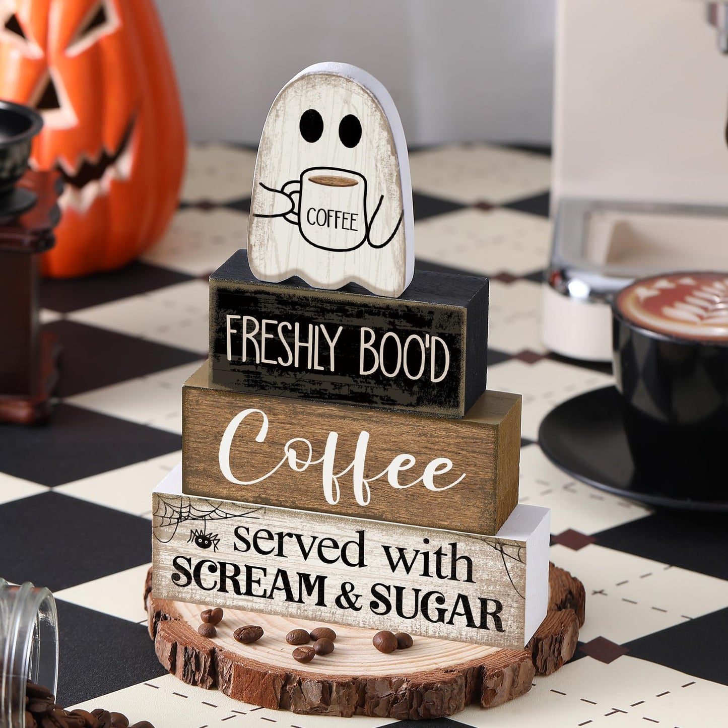 Lineshading 4 Pcs Halloween Table Decor Coffee Ghost Wooden Sign Halloween Tiered Tray Decor Farmhouse Ghost Tabletop Centerpiece Decorative Coffee Bar Block Signs for Home Office Kitchen Shelf