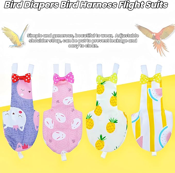 2Pcs Bird Diapers Bird Harness Flight Suits Diapers with 80 Inch Flying Leash Parrot Nappy Washable Cute Urine Wet Suit for Cockatiel Conure Macaw Budgies Parakeet-Pineapple&Watermelon,M