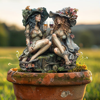 WGKOMEGE Fairy Garden Stake Decor, Acrylic 2D Garden Fairy Decoration, Fairy Garden Accessories for Outdoor Indoor Yard Lawn Pot Plants (Two-Witches)