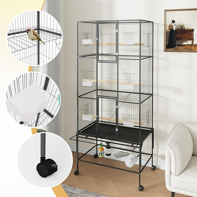 69-Inch Large Bird Cages with Stand, 3-Tier Tall Bird Cage with Ramps, Storage Shelf and Feed Bowls – Rolling Parrot Cage for Parakeets, Cockatiels, Conures, Budgies & Finches