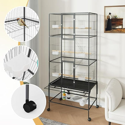 GAOMON Large Bird Cage - 69 Inch Metal Parrot Cage with Rolling Storage Stands, Wide Flight Aviary with Slide Out Tray Feed Bowls, Pet Bird House for Conures, Cockatiels, Cockatoo, Parakeets