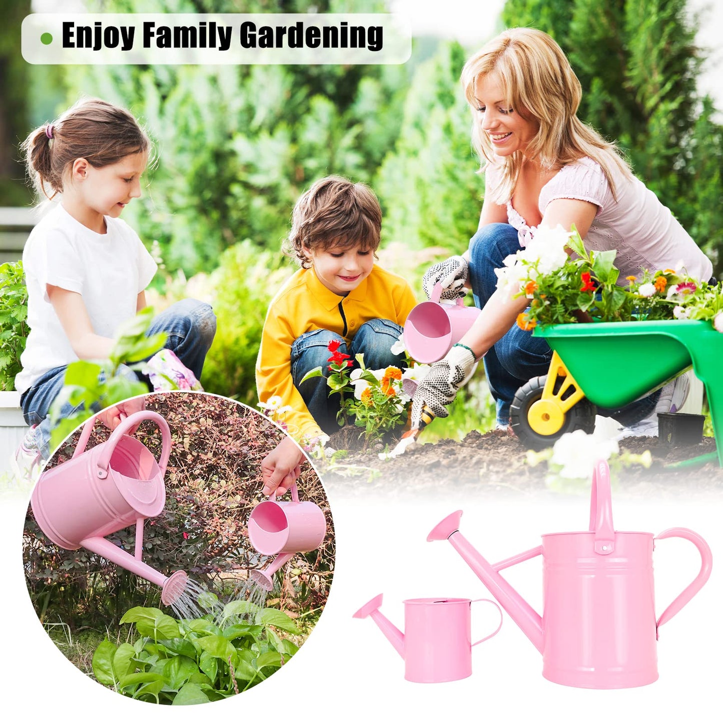 Lechloris Metal Watering Can (1 Gallon) for Outdoor&Indoor Plants with Free Small Watering can for Kids, Plant Watering Can with Removable spout, Perfect for Garden Flower, Houseplants, Pink