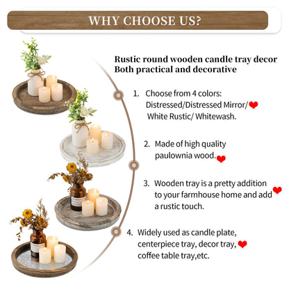 Hanobe Candle Plate Holder Tray: Round Wood Decorative Candle Plate - Rustic Farmhouse CoffeeTable Decor - Tealight Pillar Trays for Home Decor (Distressed Mirror)
