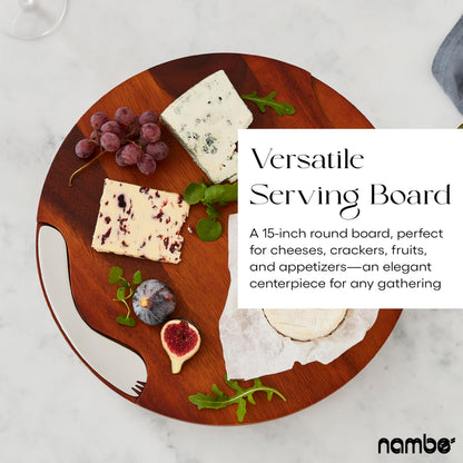 Nambé Cheese Block and Knife Set – Round Acacia Wood Board Featuring Stainless Steel Details, Contemporary Tray with Spreader, Stylish Table Accent for Parties, Gatherings, and Dining