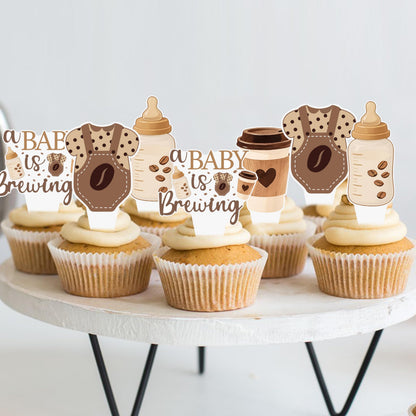 A Baby is Brewing Cupcake Toppers, Coffee Theme Baby Shower Decorations, 48 Pack, Brown Gender Reveal Party Supplies with Coffee Cup and Baby Bottle Picks