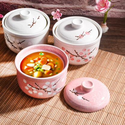 Whitenesser Ceramic Stew Bowl and Condiment Pot Set with Lid and Spoon Set of 2, Multi-Use Hand-Painted Plum Blossom Seasoning Container for Stew, Soup, Salt and Sugar