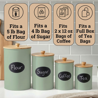 Kitchen Canisters for Countertop Set of 4 with Customizable Chalkboard Labels & Marker Pen - Big Iron Kitchen Canisters with Airtight Lids - Sage Green Canister Set - Flour and Sugar Containers