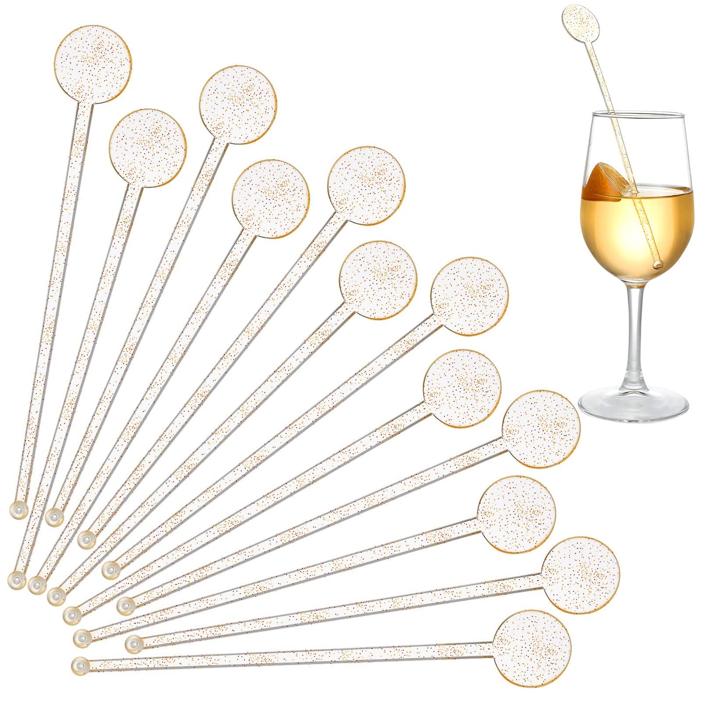 Marsui 240 Pieces 7 Inch Swizzle Sticks for Cocktail Coffee Drink Stirrers Cocktail Stirrers Disposable Stirring Sticks Plastic Disc Top for Mixing Coffee Whiskey Beverage (Glitter Gold)