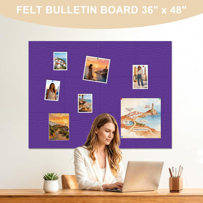 AKONEGE Felt Bulletin Board Tiles 12 Pack, 48" x 36" Cork Board Alternative, DIY Pin Board Wall Tiles for Photo Wall, Vision Board, Dorm Room & Home Office Decor, Stick-On with Adhesive Tabs, Violet