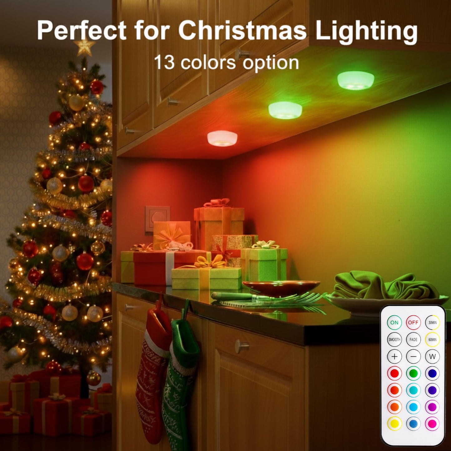 BLS LED Puck Lights with Remote Control, Wireless Under Cabinet & Closet Lighting, RGB 13 Color Changing Lights with Dimmer, Timer & AA Battery Operated, Push, Touch, Stick on for Night, White, 2 Pack