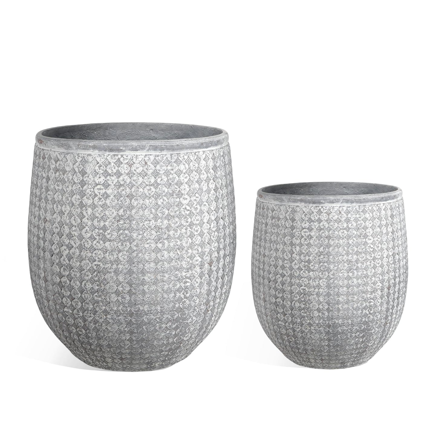 Worth 12" and 14.5" Round Planters, Lightweight Magnesium Oxide Cement Plant Pot, Raised Pattern Concrete Look with Drainage Hole, Grey