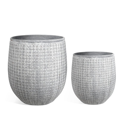 Worth 12" and 14.5" Round Planters, Lightweight Magnesium Oxide Cement Plant Pot, Raised Pattern Concrete Look with Drainage Hole, Grey