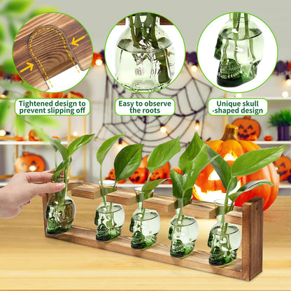 Plant Terrarium Propagation Stations Halloween Skull Planter Vase Skulls Decor with Wooden Stand Gife for Father - 5 Vases