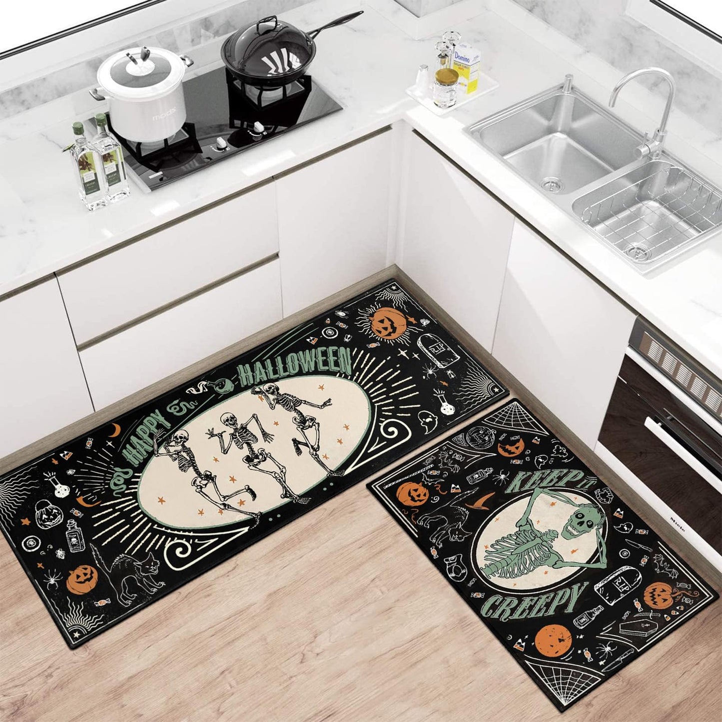 Faptoena Halloween Kitchen Mat Set of 2,Happy Halloween Skeleton Creepy Mats and Rugs Non Skid Washable for Kitchen Home Decor,Halloween Decorations and Accessories (17"x47"+17"x30")