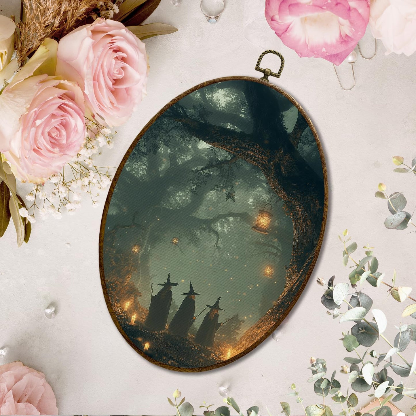 JQF Dark Academia Fantasy Forest Witchy Oval Wall Decor, Gothic Oval Canvas Wall Art, Whimsical Magical Forest Witchy Framed Prints Hanging Decor for Home Bedroom Living Room, 8.5x11.5 Inch
