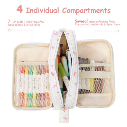 BuyCard Large Capacity Cute Pencil Case, Aesthetic Pen Pouch, White with Pink Bow Pattern Pencil Bag, Kawaii Stationery Storage and Organizer, Supplies for Teen and Adult Girls