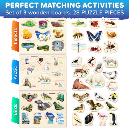QUOKKA Wooden Puzzles for Toddlers 1-3 – 3xSET Kids Puzzles Ages 2-4 – Montessori Toy Puzzle for Toddlers 3-5 – Wood Toy Learning Realistic Insects - Arctic Animals - Birds for Boy and Girl