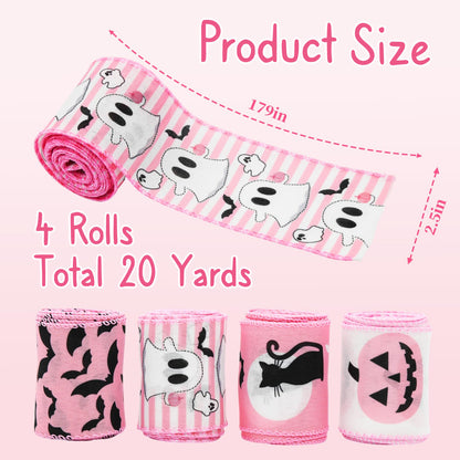 Craflox Pink Halloween Wired Ribbon for Wreath Bows, 4 Rolls, 2.5″ Wide, 20 Yards Total, Pastel Girly Halloween Ghost Wired Ribbons for Crafts Supplies, Pumpkin Cat Ribbon Bow