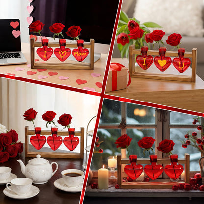Remerry Red Heart Plant Terrarium with Wooden Stand 3 Heart Glass Vases Planter, Tabletop Propagation Hydroponics Station, Mother's Day Plant Lovers Gift