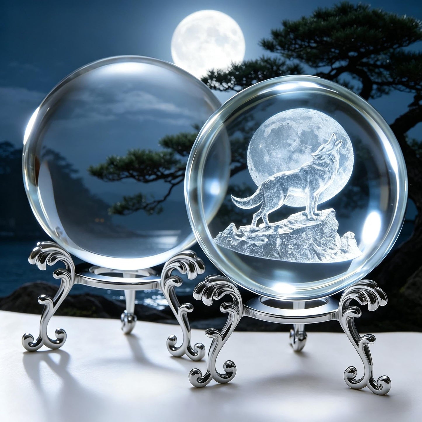 vskikris 2 Crystal Balls with Silver Stands - 3D Laser Engraved Wolf & Moon & Clear Crystal Sphere Set, Decorative Paperweights, Home & Party Decor, Photography Props, for Men & Nature Lovers