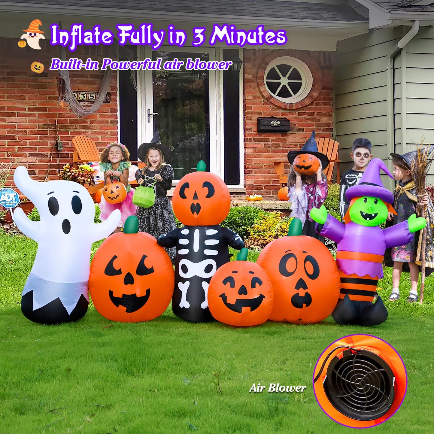 8 FT Length Halloween Inflatables Pumpkin Outdoor Decoration, Witch, Ghost, with Blow Up Pumpkin Inflatables Decorations Built-in LED Lights & Powerful Air Blower for Party Garden Halloween Decor
