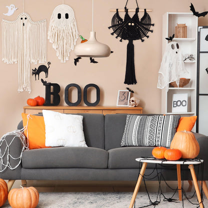 Remagr 3 Pcs Halloween Macrame Ghost Bat Wall Decor Handmade Ghost Wall Hanging Halloween Boho Decorations, Spooky Season Decor for Home Decorations