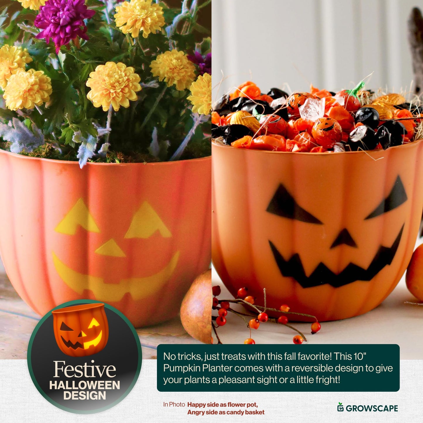 GROWSCAPE Halloween Pumpkin Planter with Face - 10” Fiber Clay Pot with Drainage Candy or Snack Bowl Indoor Outdoor, Fall and Halloween Decor (2 Pack)