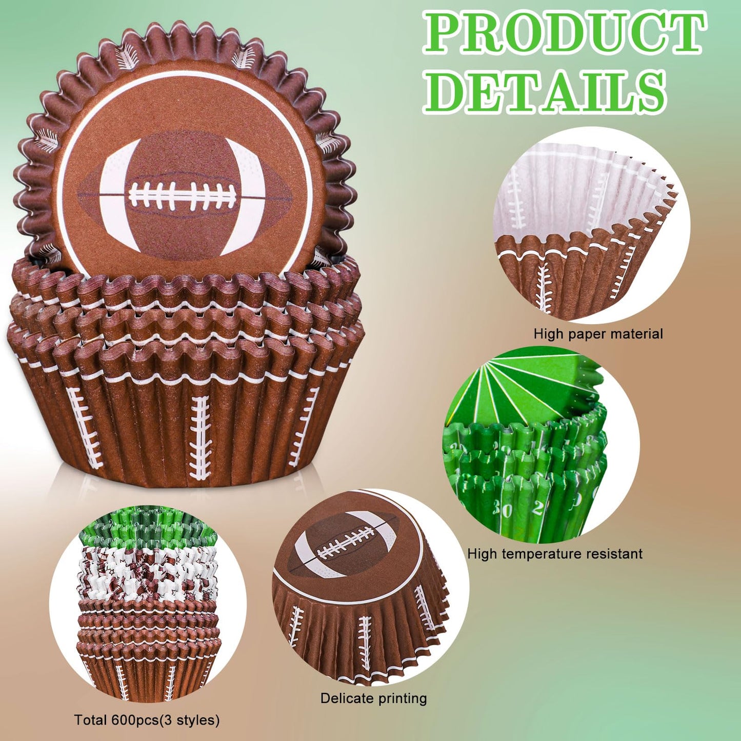 Whaline 600Pcs Football Cupcake Liners Rugby Disposable Baking Cups Sports Theme Muffin Cupcake Wrappers for Birthday Holiday Party Post-match Celebration